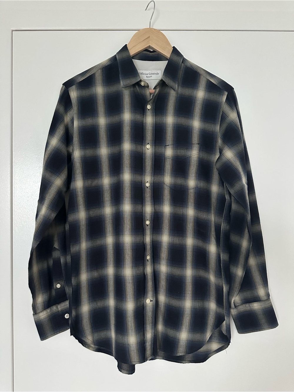 Officine Generale Navy and Cream Plaid Button-Down Shirt